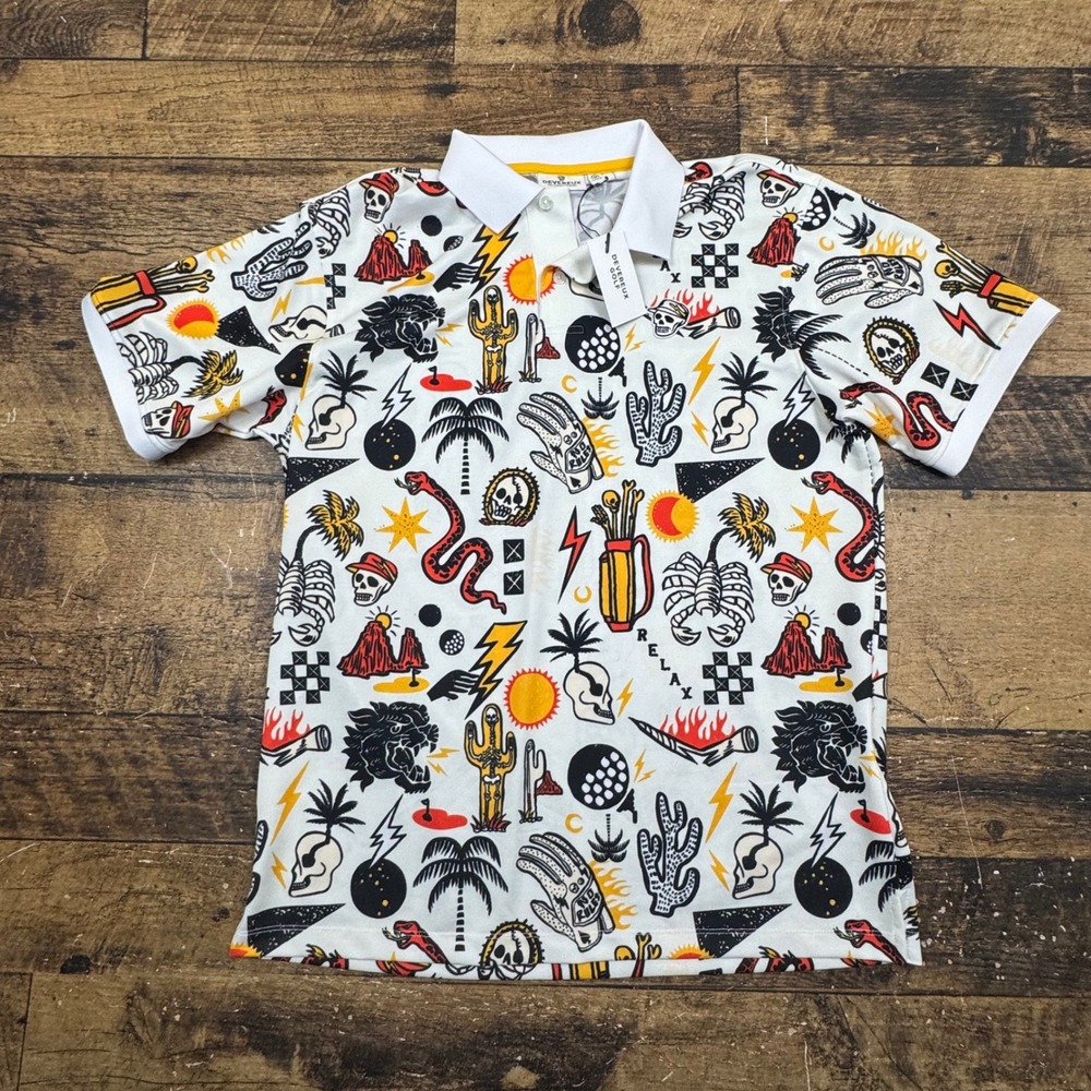 Devereux Golf Mens Out Of Bounds Polo‎ Shirt White Multi Tattoo Flash GT2317 M
